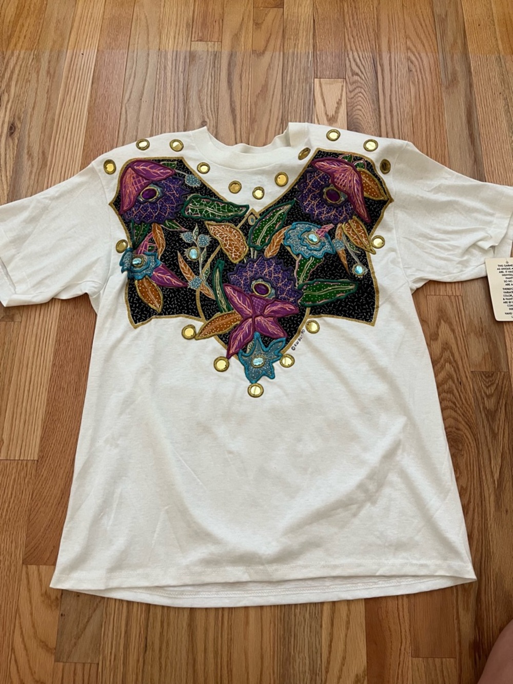 K.W.S.L. white floral tee with gold mirrors hand painted one of a kind.